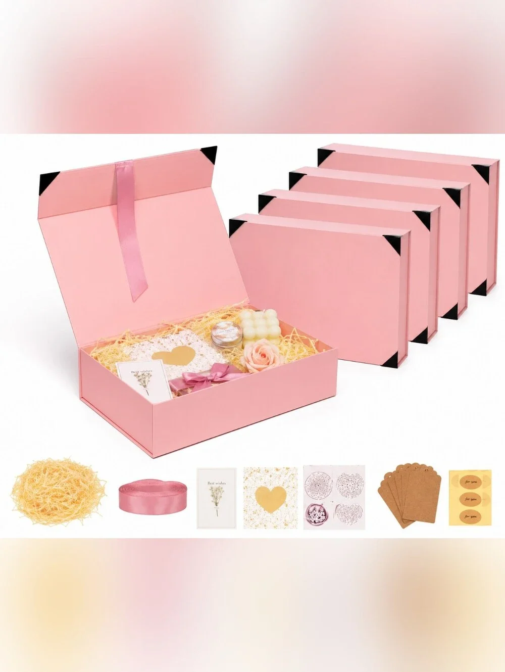 HongCai Printing Large Pink Magnetic Gift Boxes w/ Lid 13.5x10x5” Set of 5 New